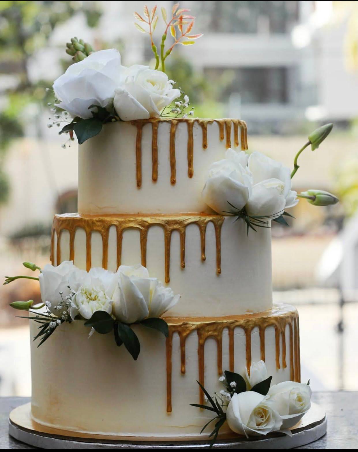 Gold Drip Floral Tier Cake