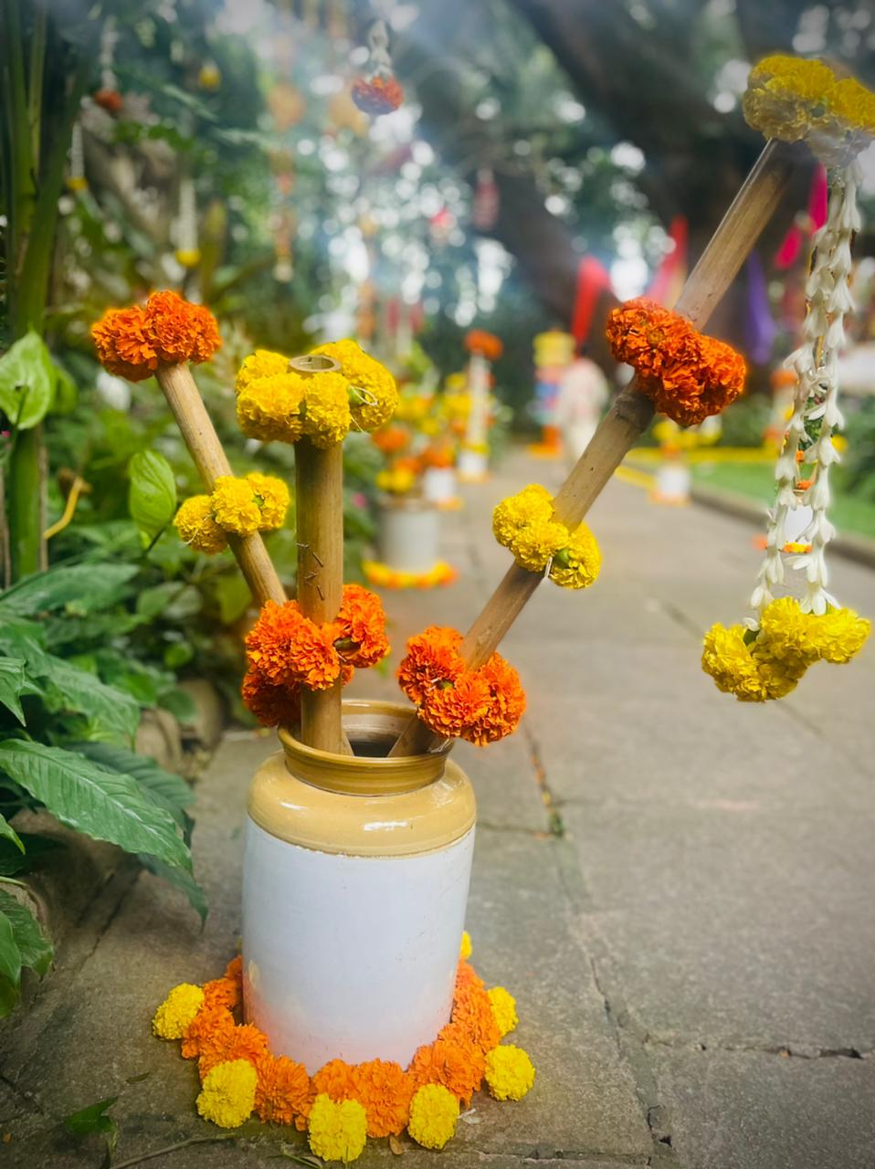Marigold Bamboo Urli Pathway