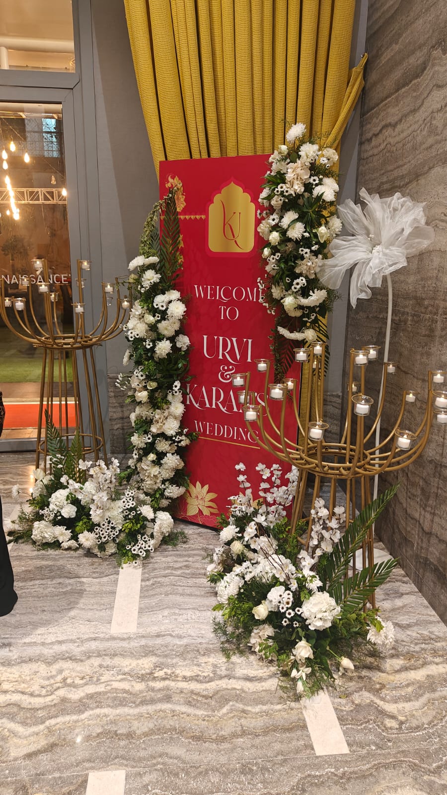 White Bloom Welcome Signage & Candelabra