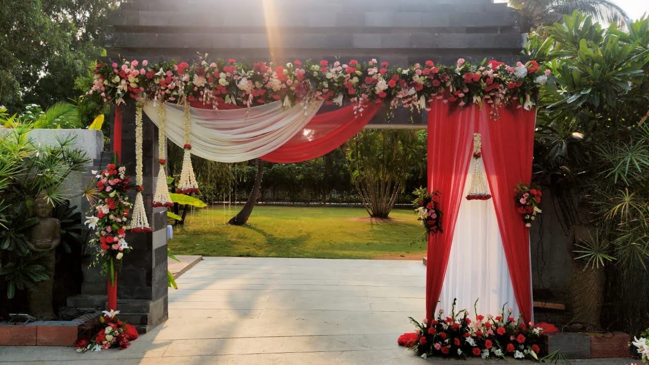 Crimson & Ivory Drape Entrance Arch